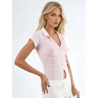 Busem Getextureerde Gebreide Korte Mouwen Shirt met Knopen