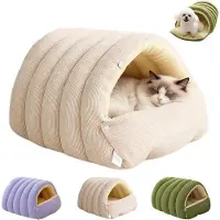 OEM Knus mand voor huisdieren – beige kattenbed en hondenbed met pluche binnenkant en corduroy buitenkant – opvouwbaar en met afneembaar, wasbaar kussen – 70 x 40 x 28 cm