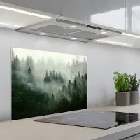 KitchenYeah Spatscherm 70x50 cm - Zelfklevende achterwand Bos - Mist - Bomen - Natuur - Keuken muurbeschermer - Spatwand fornuis