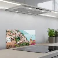 KitchenYeah Spatscherm 70x30 cm - Zelfklevende achterwand Berg - Water - Stad - Keuken muurbeschermer - Spatwand fornuis