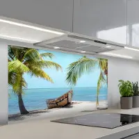 KitchenYeah Spatscherm 120x60 cm - Zelfklevende achterwand Palmboom - Boot - Strand - Keuken muurbeschermer - Spatwand fornuis