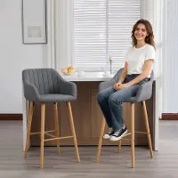 HAUSS SPOLE Barkrukken 75 Cm - Set Van 2 - Hoge Rugleuning En Armleuningen - Met Voetsteun - Linnen Grijs