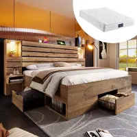 HAUSS SPOLE Houten Bed 160x200cm - Tweepersoonsbed Met Matras Met Dimbare Spotlights En Usb En Type C Aansluitingen - Met Zwevende Nachtkastjes En Lades - Eiken