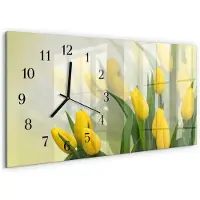 Tulup Wandklok - Tulpen Glazen Wandklok Design - 60x30 cm - Geel Klok Glas Met Opdruk - Zwarte Handen - Rechthoekige Wandklok - Moderne Wandklok Glas - Wandklok Glas Decoratie