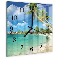 Drukarnia Piga Wandklok - Strandpalmbomen Gekleurde Glazen Klok - 30x30 cm - Groente Glazen Klok Met Print - Zwarte Handen - Vierkante Wandklok - Decoratieve Glazen Klok - Glazen Wandklok Design