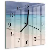 Tulup Wandklok - Strand Glazen Klok Met Print - 30x30 cm - Blauw Moderne Glazen Wandklok - Zwarte Handen - Vierkante Wandklok - Wandklok Glas Met Motief - Decoratieve Glazen Klok