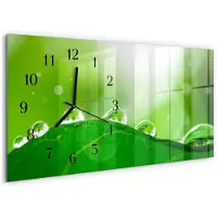 Tulup Wandklok - Dauw op een blad Moderne Wandklok Glas - 60x30 cm - Groente Wandklok Glas Decoratie - Zwarte Handen - Rechthoekige Wandklok - Glazen Wandklok Design - Klok Glas Met Opdruk
