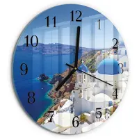 Tulup Wandklok - Santorini Wandklok Glas Met Motief - 30fi cm - Blauw Decoratieve Glazen Klok - Zwarte Handen - Ronde Wandklok - Wandklok Glas Decoratie - Gekleurde Glazen Klok