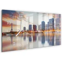 Tulup Wandklok - Parijs in de avond Wandklok Glas Met Motief - 60x30 cm - Oranje Decoratieve Glazen Klok - Witte Handen - Rechthoekige Wandklok - Glazen Klok Met Print - Wandklok Glas Met Motief