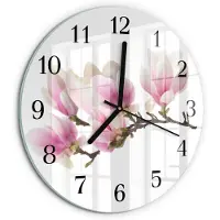 Tulup Wandklok - Magnolia Wandklok Glas Met Motief - 30fi cm - Roze Decoratieve Glazen Klok - Zwarte Handen - Ronde Wandklok - Wandklok Glas Met Motief - Decoratieve Glazen Klok