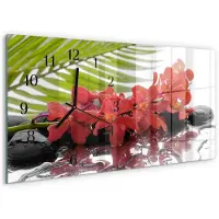 Tulup Wandklok - Bloemen en stenen Wandklok Glas Decoratie - 60x30 cm - Rood Gekleurde Glazen Klok - Zwarte Handen - Rechthoekige Wandklok - Wandklok Glas Decoratie - Gekleurde Glazen Klok