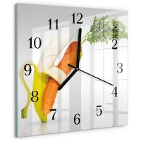 Drukarnia Piga Wandklok - Wortels en bananen Glazen Klok Met Print - 30x30 cm - Oranje Moderne Glazen Wandklok - Zwarte Handen - Vierkante Wandklok - Wandklok Glas Decoratie - Gekleurde Glazen Klok