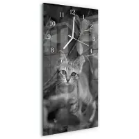 Tulup Wandklok - Kat Wandklok Glas Met Motief - 30x60 cm - Grijs Decoratieve Glazen Klok - Witte Handen - Rechthoekige Wandklok - Glazen Klok Met Print - Wandklok Glas Met Motief