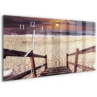 Tulup Wandklok - Trap naar het strand Wandklok Glas Decoratie - 60x30 cm - Beige Gekleurde Glazen Klok - Witte Handen - Rechthoekige Wandklok - Decoratieve Glazen Klok - Glazen Wandklok Design