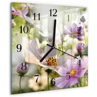 Drukarnia Piga Wandklok - Cosmosbloemen Wandklok Glas Decoratie - 30x30 cm - Roze Gekleurde Glazen Klok - Zwarte Handen - Vierkante Wandklok - Glazen Wandklok Design - Klok Glas Met Opdruk