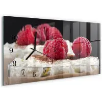 Tulup Wandklok - Frambozendessert Wandklok Glas Met Motief - 60x30 cm - Rood Decoratieve Glazen Klok - Zwarte Handen - Rechthoekige Wandklok - Glazen Wandklok Design - Klok Glas Met Opdruk