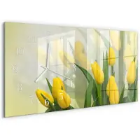 Tulup Wandklok - Tulpen Wandklok Glas Decoratie - 60x30 cm - Geel Gekleurde Glazen Klok - Witte Handen - Rechthoekige Wandklok - Moderne Wandklok Glas - Wandklok Glas Decoratie