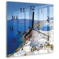 Drukarnia Piga Wandklok - Santorini Moderne Glazen Wandklok - 30x30 cm - Blauw Wandklok Glas Met Motief - Zwarte Handen - Vierkante Wandklok - Decoratieve Glazen Klok - Glazen Wandklok Design