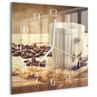 Drukarnia Piga Wandklok - Koffie Moderne Glazen Wandklok - 30x30 cm - Bruin Wandklok Glas Met Motief - Witte Handen - Vierkante Wandklok - Glazen Wandklok Design - Klok Glas Met Opdruk