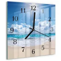 Tulup Wandklok - Zee Klok Glas Met Opdruk - 30x30 cm - Blauw Moderne Wandklok Glas - Zwarte Handen - Vierkante Wandklok - Klok Glas Met Opdruk - Moderne Wandklok Glas