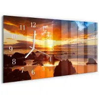 Tulup Wandklok - Zonsondergang Gekleurde Glazen Klok - 60x30 cm - Oranje Glazen Klok Met Print - Witte Handen - Rechthoekige Wandklok - Klok Glas Met Opdruk - Moderne Wandklok Glas