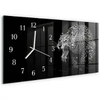 Tulup Wandklok - Jaguar Glazen Wandklok Design - 60x30 cm - Zwart Klok Glas Met Opdruk - Witte Handen - Rechthoekige Wandklok - Moderne Wandklok Glas - Wandklok Glas Decoratie