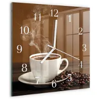 Drukarnia Piga Wandklok - Koffie Moderne Glazen Wandklok - 30x30 cm - Bruin Wandklok Glas Met Motief - Witte Handen - Vierkante Wandklok - Klok Glas Met Opdruk - Moderne Wandklok Glas