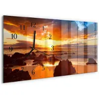 Tulup Wandklok - Zonsondergang Klok Glas Met Opdruk - 60x30 cm - Oranje Moderne Wandklok Glas - Zwarte Handen - Rechthoekige Wandklok - Klok Glas Met Opdruk - Moderne Wandklok Glas