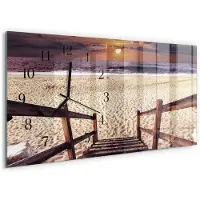 Tulup Wandklok - Trap naar het strand Glazen Wandklok Design - 60x30 cm - Beige Klok Glas Met Opdruk - Zwarte Handen - Rechthoekige Wandklok - Decoratieve Glazen Klok - Glazen Wandklok Design