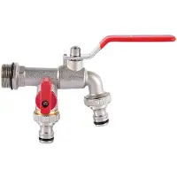 OEM Dubbele tuinslangaansluiting, buitenkraan, dubbele afvoer en aansluiting voor wasmachine, "1/2*3/4*3/4, dubbelzijdig [4-punts verlengde schroefdraad]", wandfitting, messing, rood