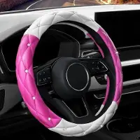 OEM Antislip-stuurwielhoes van zacht leer, versierd met glinsterende kristallen, universeel geschikt voor auto's, SUV's, vrachtwagens en bestelwagens (wit en fuchsia), afmeting 38,1 cm.