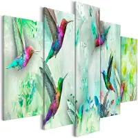 Karo-art Schilderij - Kleurrijke Kolibries , Groen , 5 luik