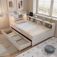 Merax Eenpersoonsbed - Slt bed - Hoofdeinde met opbergvak 2 lampen - met oplaadaansluitingen - zijkasten en lades - wit - 90x200 cm