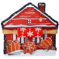 Cucina Kerst 4-delige bakset voor kinderen in cadeauverpakking, met deegroller en bakvormen: ster, kerstklok, cadeautjes/ pakje met strik ROOD (cadeau idee voor de feestdagen / Kerstmis!)