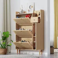 Sweiko Houten schoenkast van rotan geschikt voor smalle ingangen ,3 kanteldeuren en 1 lade met massief houten poten en handvatten, afmetingen: B90/H125/T17 cm