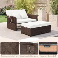 Laura Rotan 3-in-1 Tuin Ligstoel / Loungeset 166x166x55 cm – Verstelbare Rugleuning, Met Opbergruimte & Kussens – Dubbele Chaise Longue met Tafel en Voetenbank – Outdoor Balkon & Terras Set –
