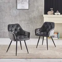 Glamour Retro Velvet Eetkamerstoelen Set van 2 met Armleuningen en Metalen Poten 84 cm Hoog – Luxe Gewatteerde Dining Chairs Grijs