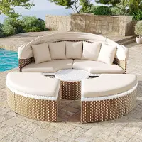 Laura Zonne-eiland Lounge Set 170 cm Rond met Verstelbare Luifel, Tafel en Kussens – Weerbestendige Rotan Tuin Ligstoel / Loungeset 150 x 140 x 55 cm – Beige –