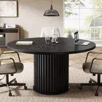 Tribesigns Bureau, 120 cm ronde vergadertafel, van hout voor 4-6 personen, bureau met stevige metalen basis, geschikt voor vergaderingen, zwart