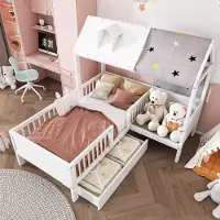 Aiorber Kinderbed, houten huisbed, eenpersoonsbed 90 x 200 cm, met opbergladen, tentdoek en kussen, multifunctioneel design, gemakkelijk schoon te maken, wit