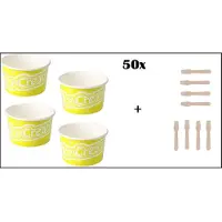 TakeAware 50x IJsbeker IceCream 240ml lime/geel karton + 50x Houten ijslepel - schepijs softijs ijsje zomer beker ijs warm weer fun
