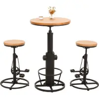 Mendler Bartafelset + 2 barkrukken HWC-N20, verstelbare barkruk/staande tafel, 360 graden draaibaar, voetsteun, industriële stijl, hout, naturel