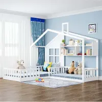 Aiorber Kinderbed, 90x200 cm, met lattenbodem, huisvorm met raam, inclusief veiligheidshek en lattenbodem, praktische plank, massief hout, tweepersoonsbed, wit