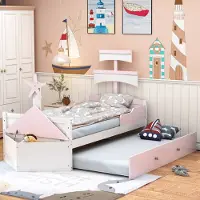 Aiorber kinderbed, 90 x 200 cm, bootvormig met uitschuifbaar bed, gemaakt van hoogwaardig grenenhout met opbergvakken, stabiel en duurzaam, roze