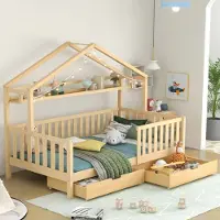Aiorber kinderbed, 90x200 cm, gemaakt van grenenhout, met 2 lades en een opbergruimte, massief houten bed met lattenbodem, huisbed, minimalistisch design, natuurlijke uitstraling