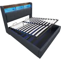 Merax Gestoffeerd Tweepersoonsbed 140x200 cm met LED Verlichting - USB-oplaadfunctie - Hydraulische Opbergruimte en Hoofdbord met Planken - Linnen - Grijs