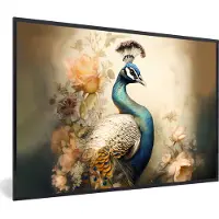 PosterMonkey Fotolijst incl. Poster - Pauw - Pauwenveren - Bloemen - Vogels - Botanisch - 30x20 cm - Posterlijst