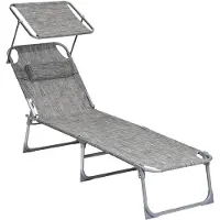 Songmics Zonneligstoel, ligstoel, tuinligstoel, met hoofdsteun en zonnedak, rugleuning verstelbaar, licht, inklapbaar, 53 x 193 x 29,5 cm, tot 150 kg belastbaar, tuin, balkon, grijp GCB19T