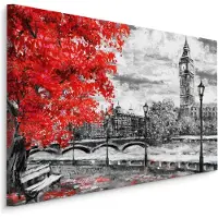 Karo-art Schilderij - Uitzicht op de Thames en Big Ben in Londen (print op canvas), zwart-wit/rood, 4 maten, wanddecoratie