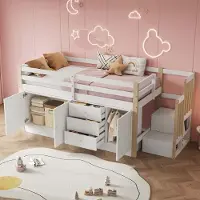 Aiorber Kinderbed, 90 x 200 cm, met lades, voorzien van 2 opbergkasten en kledingroede, veiligheidstrapje, zonder matras, ruimtebesparend, wit